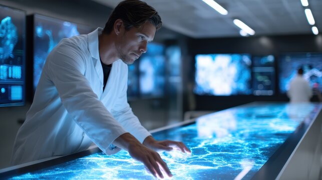 A scientist wearing a lab coat interacts with a large digital touchscreen displaying complex data and maps in a high-tech laboratory.