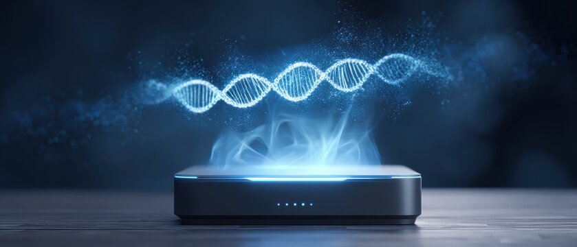 A glowing DNA helix hologram is projected above a futuristic device emitting blue light and smoke on a dark surface.