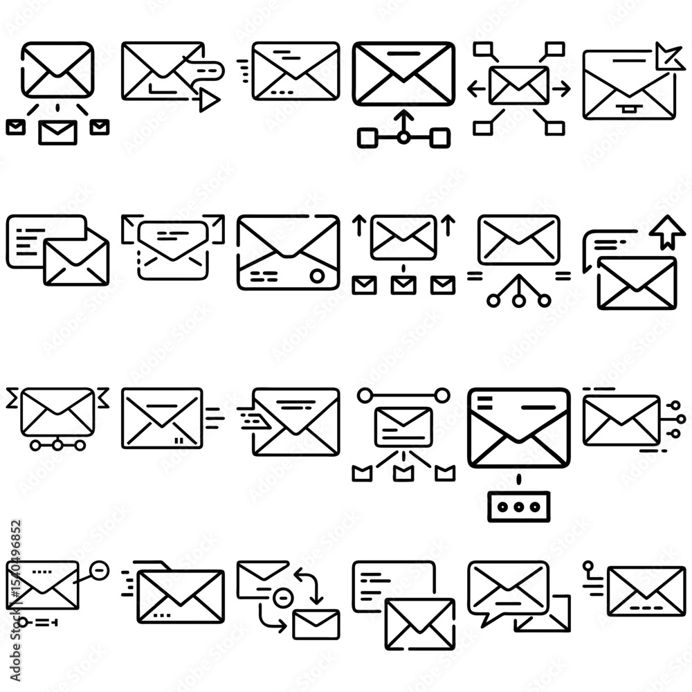 Poster collection of various stylized email and message icons with different sending arrangements and desig