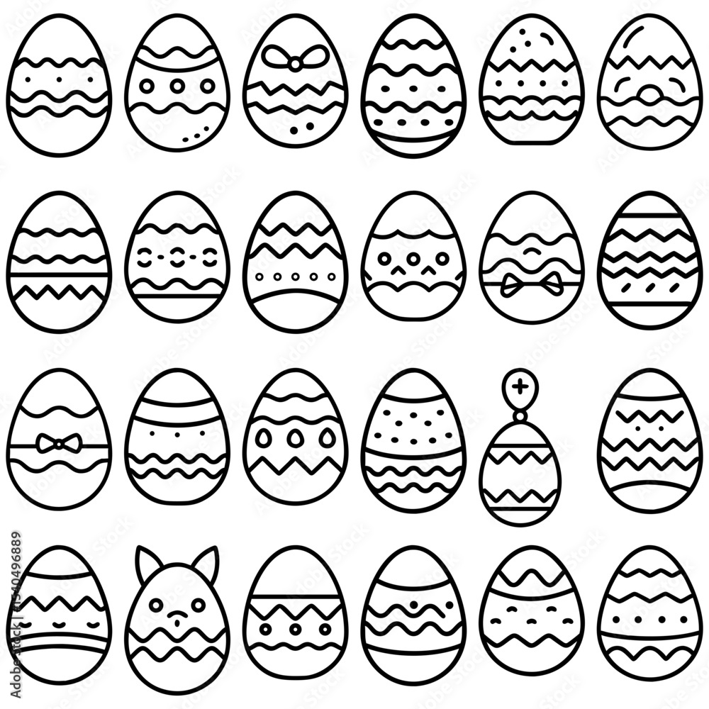 Poster collection of easter eggs with various designs and patterns in a black outline style illustration