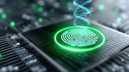 A futuristic fingerprint scanner glows green, projecting a 3D DNA helix over a microchip, symbolizing advanced biometric security and technology integration.