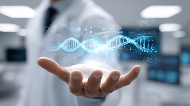 A person holds a digital hologram of a DNA double helix with scientific data, symbolizing genetics and biotechnology innovation. - Powered by Adobe