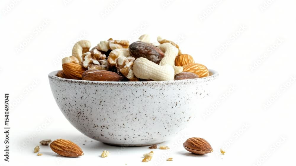 Poster a simple composition featuring a white bowl filled with nuts sitting on a table