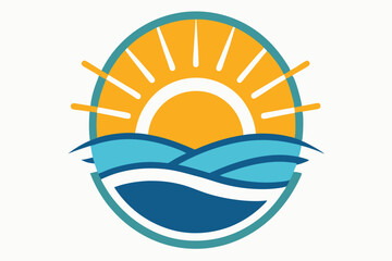 Sun and sea summer icon illustration with ocean waves, a boat, and fish symbols for your travel and vacation design