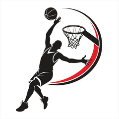 Black and White Slam Dunk Basketball Player Clipart with Red Arc
