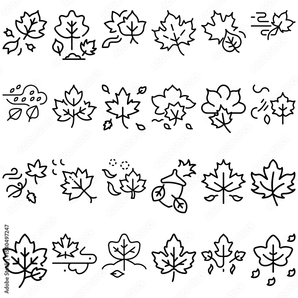 Poster collection of various stylized maple leaf icons in different arrangements and wind conditions design