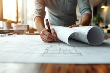 Architect Reviewing Project Plans on Table with Sketches and Blueprints in Modern Workspace