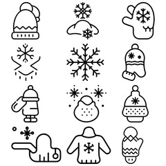 Collection of winter themed outline icons including hats, mittens, snow, sweaters, and snowflakes