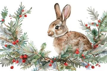 High Definition View of Watercolor Christmas Bunny with Wreath