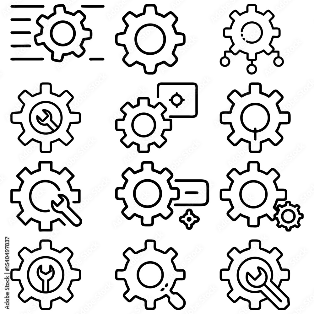 Poster collection of various gear icons with different configurations and tool integrations depicted in bla