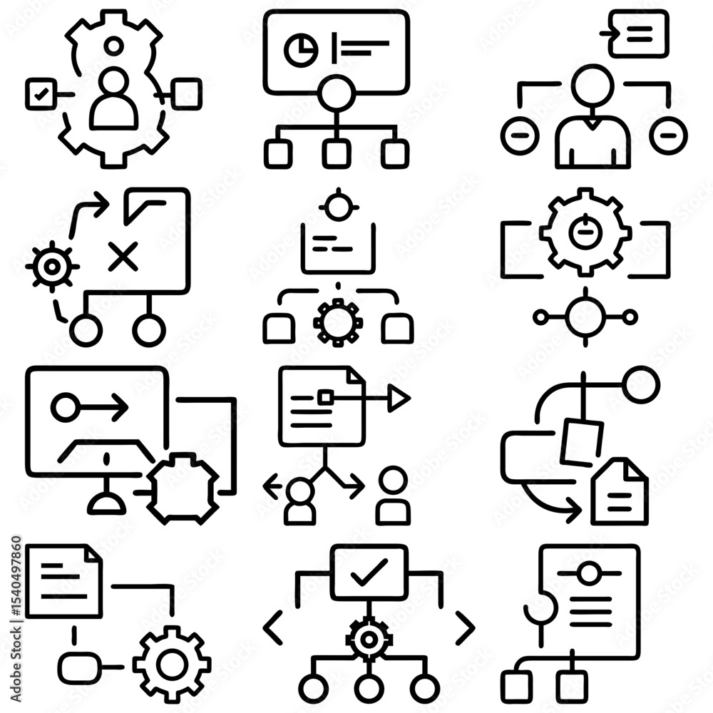 Poster illustration of various flowchart icons depicting workflow and process diagrams in black outline sty