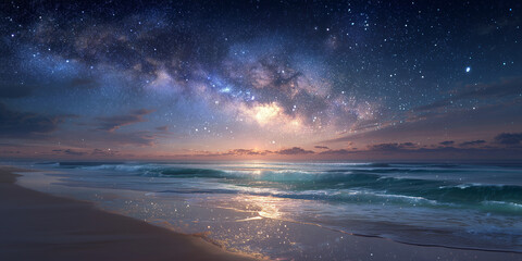 Epic background of blue light plankton ocean and space fantasy sky.