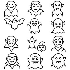 Collection of halloween themed icons featuring vampires ghosts and a bat in simple black outline style