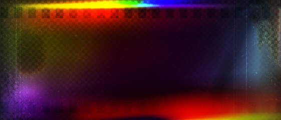 Old film strip leaking light rainbow rays overlay effect and noise texture, Scratched old film strip with grain and bokeh glare effect, Vector vintage background.