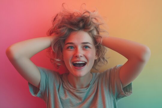 Joyful young woman with curly hair expressing happiness against gradient backdrop - Powered by Adobe