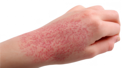 Red rash affecting the hand, indicating allergic dermatitis, isolated on a transparent background. Ideal for use in medical and healthcare publications addressing skin conditions