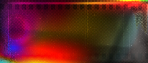 Old film strip leaking light rainbow rays overlay effect and noise texture, Scratched old film strip with grain and bokeh glare effect, Vector vintage background.