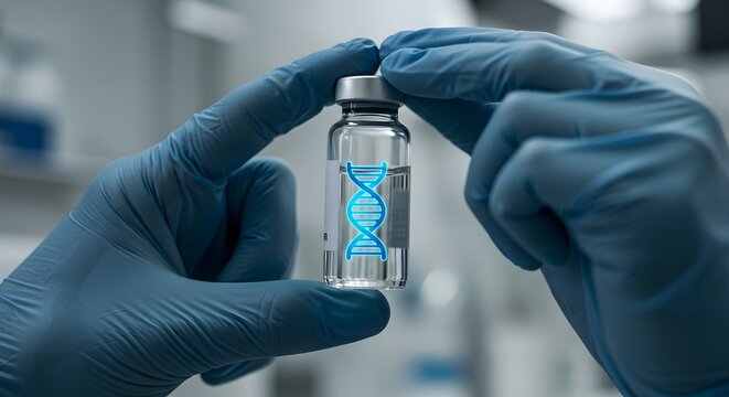 Gloved hands holding a vial labeled with a DNA helix icon medical research and testing theme 1
