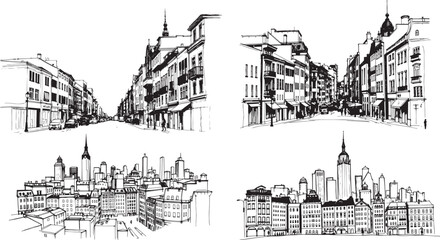 A set of urban landscapes. Line urban backdrop, different buildings on street, doodle street draw, outline cityscape hand sketch, flat houses. Hand drawn vector illustration