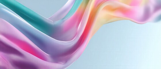 Abstract flowing silk fabric with pastel colors, creating a smooth and elegant wave pattern on a light blue background Concept of fluidity, softness, and modern design