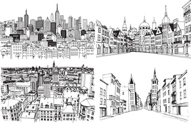 A set of urban landscapes. Line urban backdrop, different buildings on street, doodle street draw, outline cityscape hand sketch, flat houses. Hand drawn vector illustration