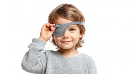 Smiling blond child wearing a grey eye patch and grey sweater, lifting the patch while standing against a transparent background, radiates joy and playfulness in a cheerful portrait