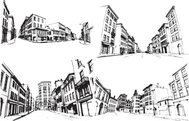 A set of urban landscapes. Line urban backdrop, different buildings on street, doodle street draw, outline cityscape hand sketch, flat houses. Hand drawn vector illustration