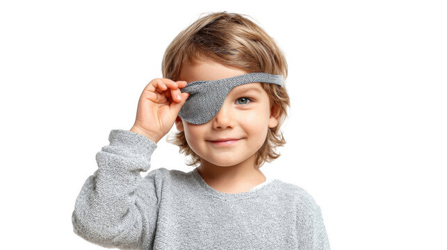 Smiling blond child wearing a grey eye patch and grey sweater, lifting the patch while standing against a transparent background, radiates joy and playfulness in a cheerful portrait