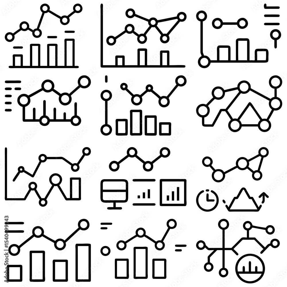 Poster collection of various line graphs and bar charts with connected nodes in a black and white design st