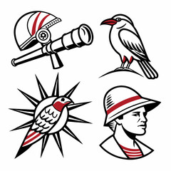 Vintage style exploration icons birds telescope helmet