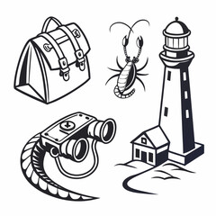 Vintage travel adventure icons set lighthouse bag binoculars insect
