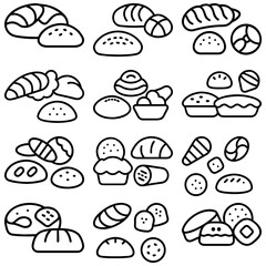 Collection of various bread and pastry items in outline style including rolls croissants and pies drawing