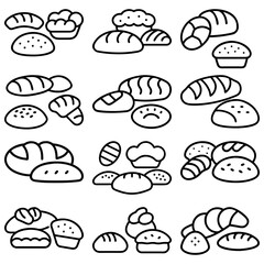 Collection of outlined baked goods including bread rolls croissants and muffins in a simple line drawing style