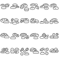 Collection of outlined bread and baked goods arranged in rows on a white background vector image