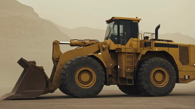 Heavy front loader moving rock and soil in quarry or construction site on dusty road. Industrial equipment footage.