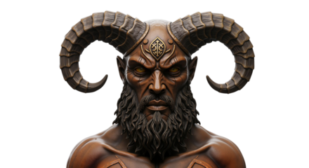 Horned god statue with detailed features on isolated, transparent background  