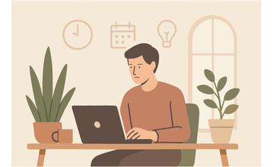 Focused Young Man Working From Home on Laptop, Productive Home Office Setup