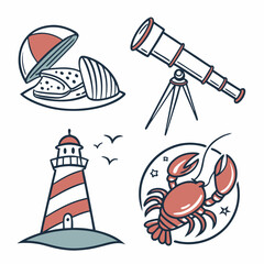 Coastal icons lighthouse telescope seashell lobster