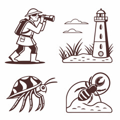 Professional vector illustrations lighthouse explorer insects transparent background