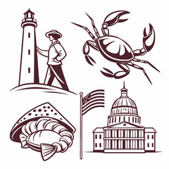American landmarks crab lobster lighthouse capitol building