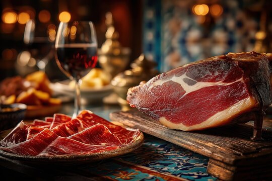 Jamon Iberico Displayed on Stand with Rustic Plate and Spanish Background