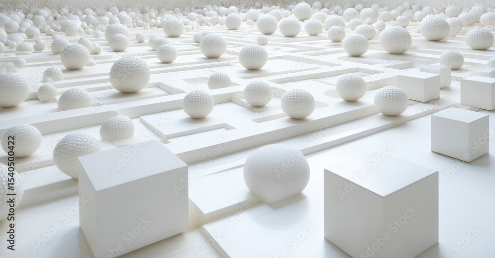 Poster minimalist scene. white spheres, cubes create abstract landscape. geometric shapes dominate composit