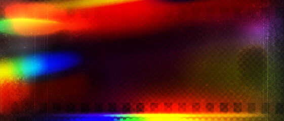 Old film strip leaking light rainbow rays overlay effect and noise texture, Scratched old film strip with grain and bokeh glare effect, Vector vintage background.
