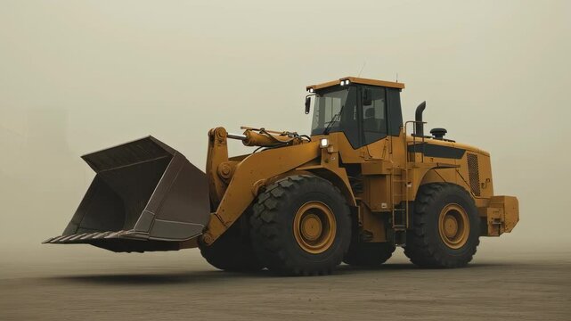 Heavy front end loader machine with huge bucket standing on construction site road showing industrial power footage.
