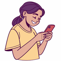 Smiling girl using smartphone, clean cutout, transparent background