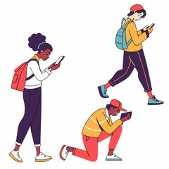 Diverse young adults using smartphones and tablets on white background