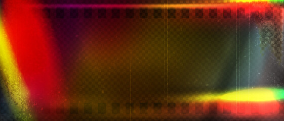 Old film strip leaking light rainbow rays overlay effect and noise texture, Scratched old film strip with grain and bokeh glare effect, Vector vintage background.