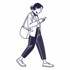 Walking woman using smartphone transparent cutout