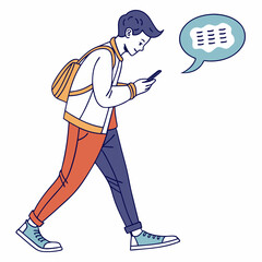 Young man walking using smartphone texting message