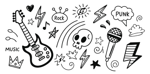Fun punk rock doodle icon set in vector format. Includes hand-drawn guitars, skulls, crowns, flames, music notes, and sketchy graffiti elements. Perfect for edgy music-themed designs.